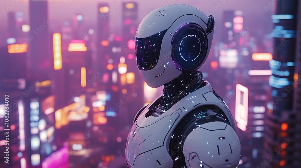 AI robot in a high-rise building overlooking a cyberpunk city, neon signs and skyscrapers glowing outside, vibrant colors reflecting off the robot’s metallic body, moody atmosphere, AI robot in a high-rise building overlooking a cyberpunk city, neon signs and skyscrapers glowing outside, vibrant colors reflecting off the robot’s metallic body, moody atmosphere,
