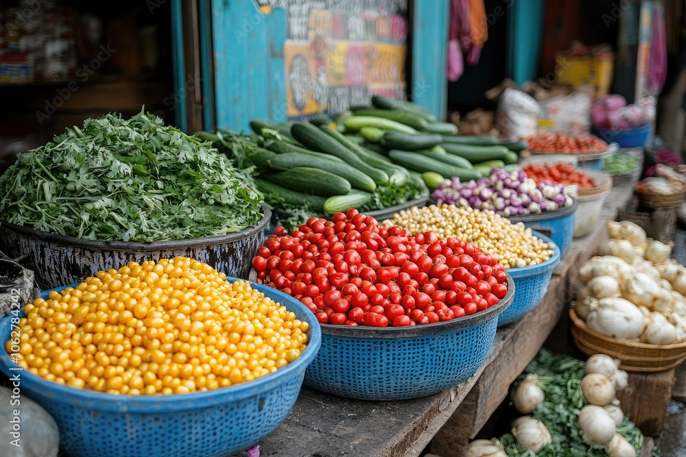 Fresh produce displayed at a vibrant farmers market in baskets Fresh produce displayed at a vibrant farmers market in baskets
