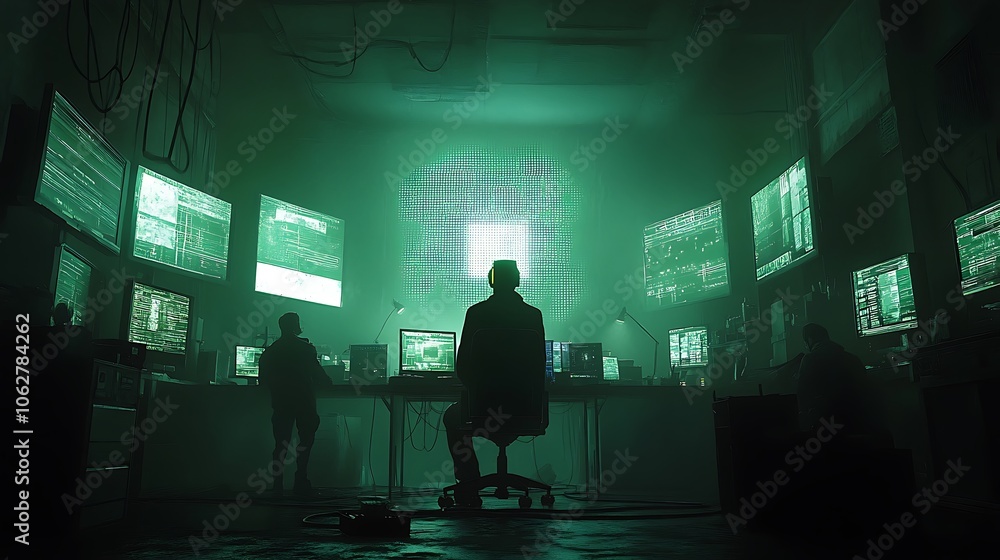 AI robot in a shadowy underground lab, surrounded by a ring of glowing monitors, scientists in awe watching its movements, sleek metal textures, wires running from machines, AI robot in a shadowy underground lab, surrounded by a ring of glowing monitors, scientists in awe watching its movements, sleek metal textures, wires running from machines,
