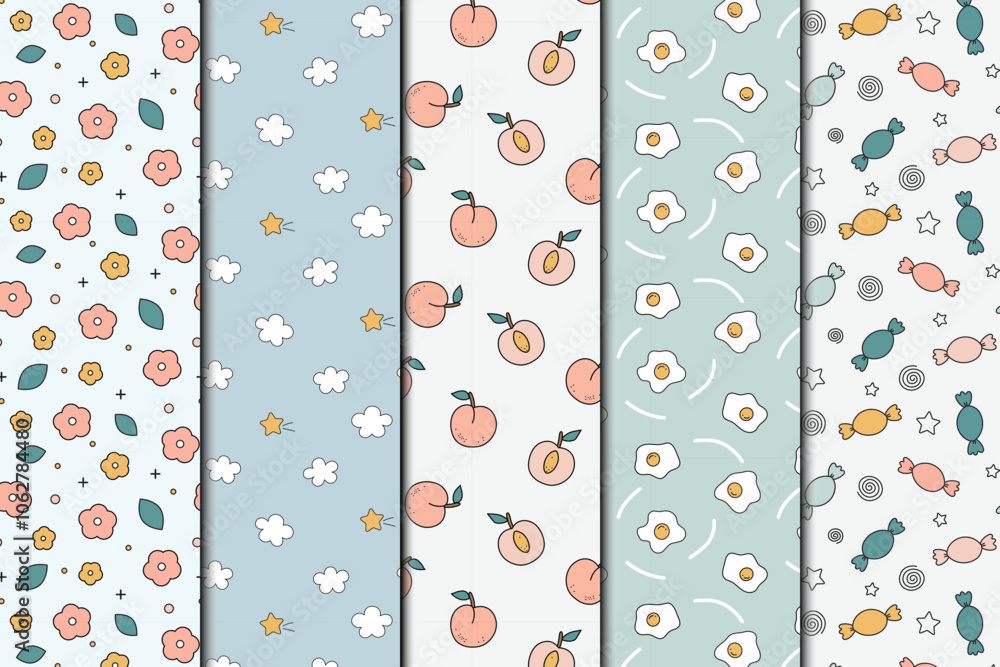 Kiddy cute illustrations texture seamless repeat pattern set Kiddy cute illustrations texture seamless repeat pattern set
