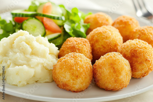  fried meatballs served with creamy mashed potatoes and a fresh green salad. AI generative.