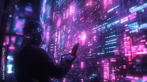 AI robot interacting with a holographic screen full of data streams, surrounded by advanced technological elements, soft blue and purple lighting casting reflections,