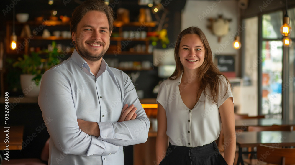 Smiling man and woman standing in a café. Smiling man and woman standing in a café.