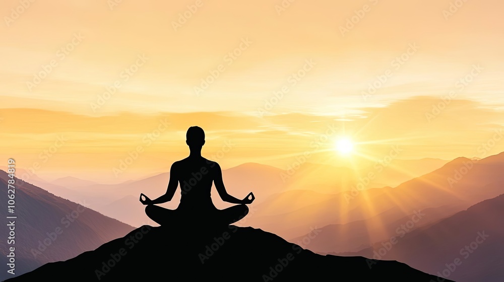 Silhouette of a person meditating on a mountain during sunrise with scenic landscape. Silhouette of a person meditating on a mountain during sunrise with scenic landscape.