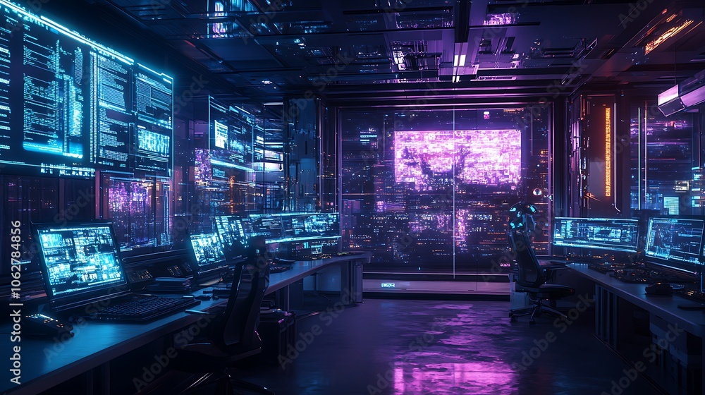 AI robot interacting with virtual assistants and holographic interfaces in a high-tech office, ambient blue and purple lighting, digital displays casting gentle reflections, AI robot interacting with virtual assistants and holographic interfaces in a high-tech office, ambient blue and purple lighting, digital displays casting gentle reflections,
