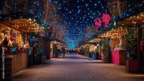 Christmas market stalls decorated with festive lights at night photo