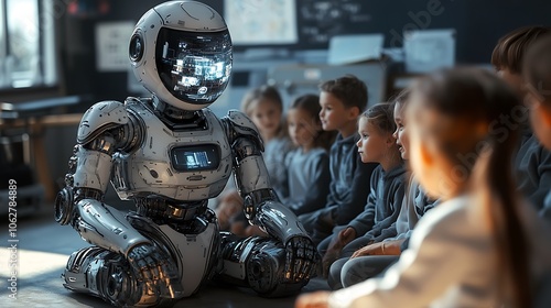 Wallpaper Mural AI robot kneeling beside a group of children, teaching with interactive holographic visuals, futuristic classroom with warm ambient lighting, children’s expressions full of curiosity, Torontodigital.ca