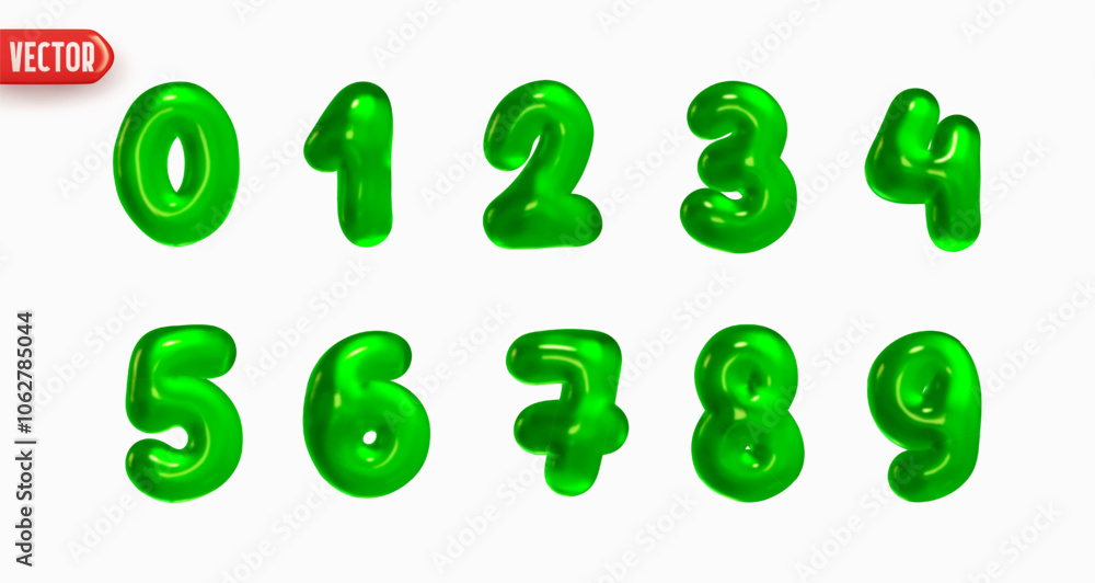Set of numbers from 0 to 9 in style of Christmas candy jelly in realistic 3d design isolated on white background. Green Numbers of sweet marmalade candy. Vector illustration Set of numbers from 0 to 9 in style of Christmas candy jelly in realistic 3d design isolated on white background. Green Numbers of sweet marmalade candy. Vector illustration