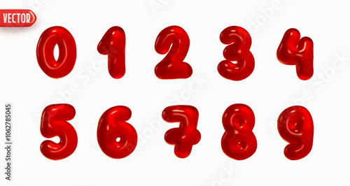 Set of numbers from 0 to 9 in style of Christmas candy jelly in realistic 3d design isolated on white background. Red Numbers of sweet marmalade candy. Vector illustration