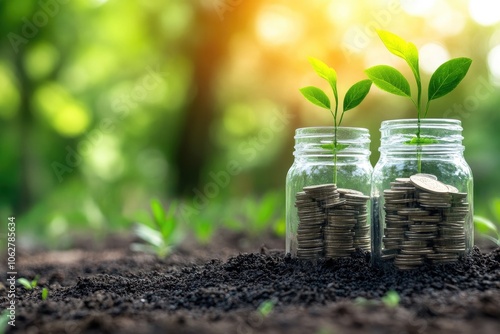 Wallpaper Mural Growing plants on coins in glass jars symbolizing investment and sustainable finance Torontodigital.ca