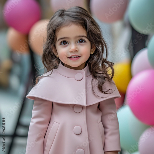 A cute little Spanish middle eastern 6 years old girl wearing a light pink short trench coat with a cape, has buttons on it. The sleeves  flared puff shoulder pads at the ends, balloons in background photo