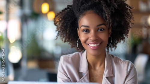 a young smiling african, american businesswoman is standing in the office