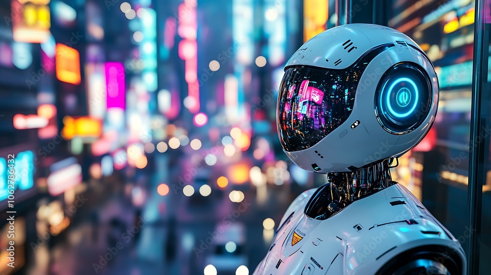 AI robot positioned by a panoramic window in a high-rise, looking over a vibrant cyberpunk city at night, neon lights filling the sky, futuristic buildings with colorful ads and billboards, AI robot positioned by a panoramic window in a high-rise, looking over a vibrant cyberpunk city at night, neon lights filling the sky, futuristic buildings with colorful ads and billboards,
