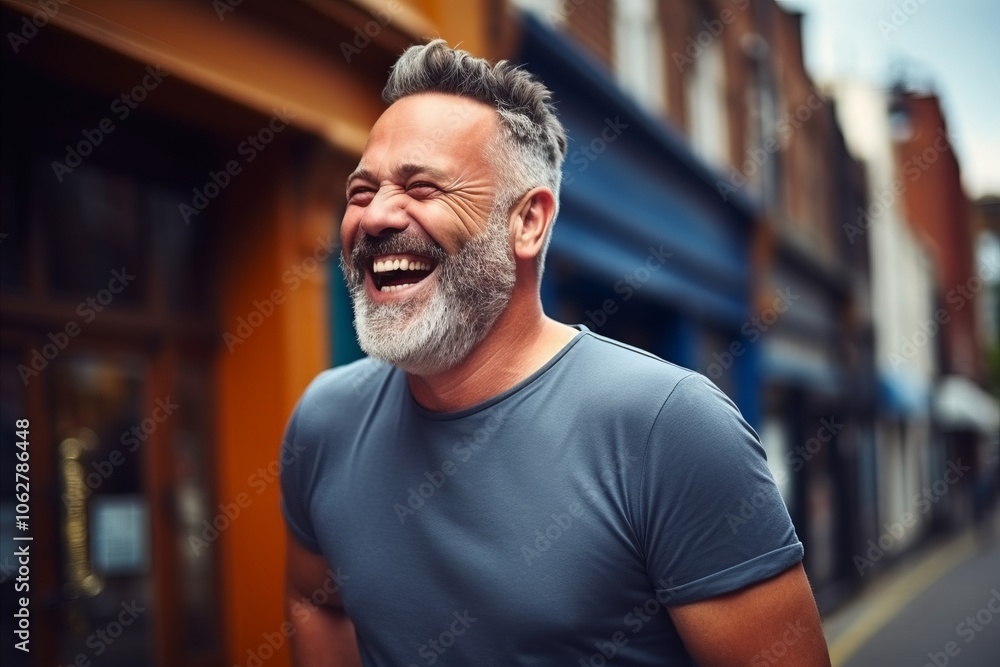 Portrait of a happy senior man laughing in a city street. Portrait of a happy senior man laughing in a city street.
