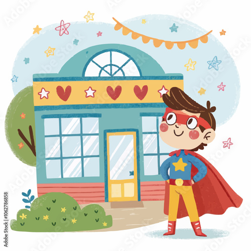 Little Kids Superhero with Cute Building