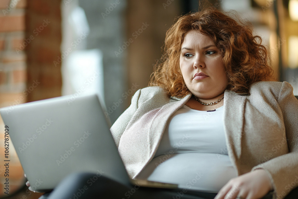 Plus-size woman in business attire using a laptop in a coworking space Plus-size woman in business attire using a laptop in a coworking space