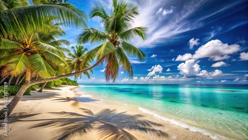 Warm sand stretches along the shore of a tranquil ocean beach with crystal clear turquoise water and palm trees swaying gently in the breeze, atmosphere, wave, shoreline, sunny day, peaceful