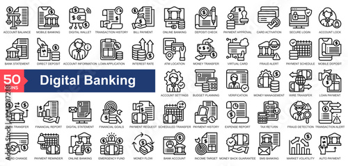  Digital Banking icon collection Line Style
