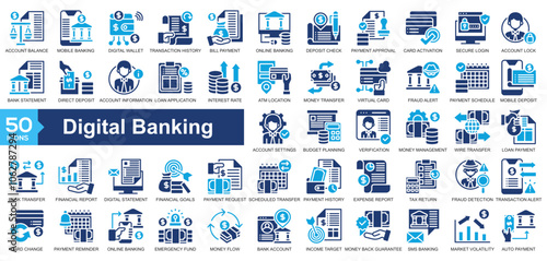  Digital Banking icon collection Glyph Color Style.account balance, mobile banking, digital wallet, transaction history, and bill payment