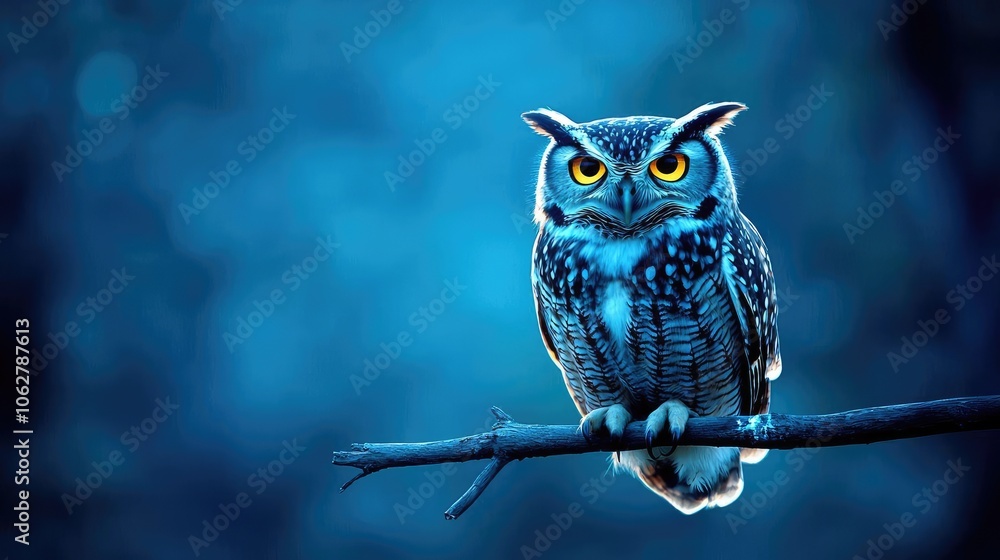 A majestic owl perched on a branch in a serene blue atmosphere. A majestic owl perched on a branch in a serene blue atmosphere.