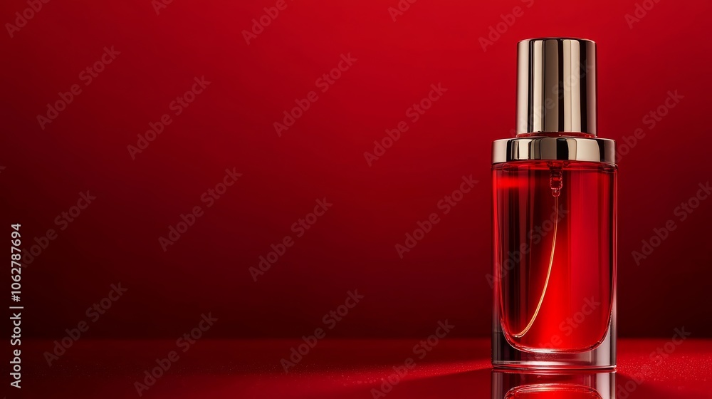 Naklejka premium Luxury skincare bottles on a reflective red surface with soft lighting to highlight elegance and refinement