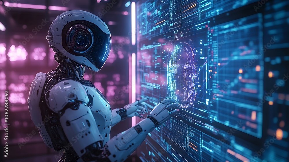 AI robot standing in a futuristic room, interacting with a holographic screen displaying complex data visuals, soft blue and purple neon light reflecting on its metallic surfaces, AI robot standing in a futuristic room, interacting with a holographic screen displaying complex data visuals, soft blue and purple neon light reflecting on its metallic surfaces,