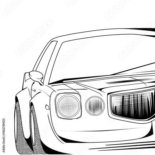 Modern car parallel view, black white drawing.