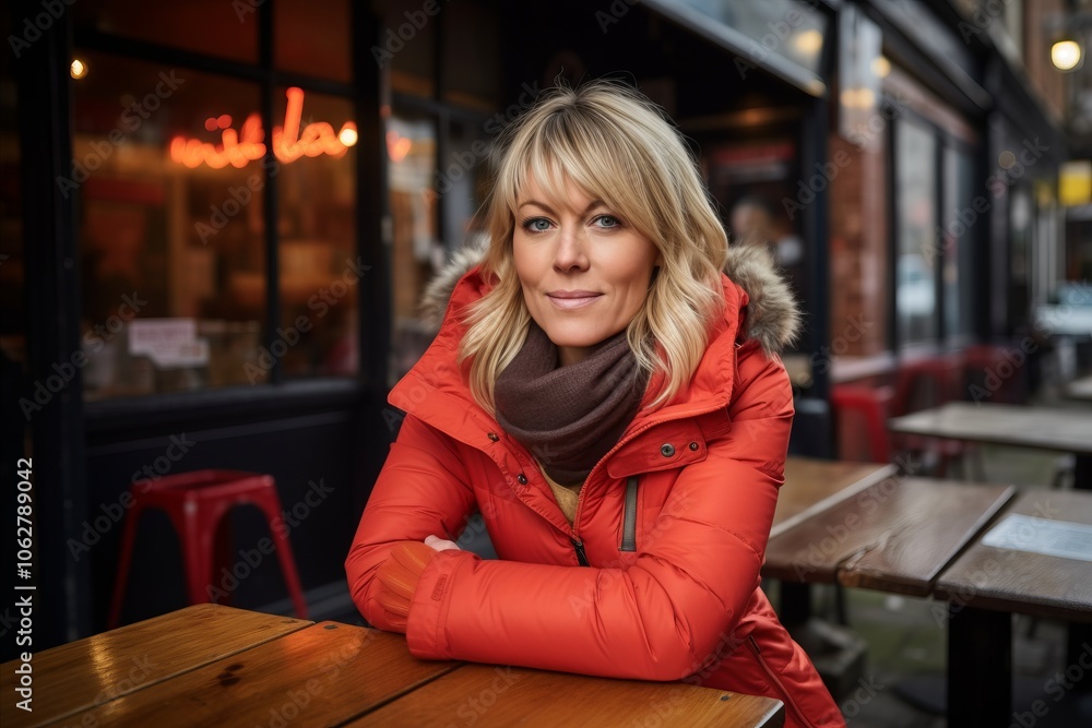 Beautiful blonde woman in a red jacket sitting at a table in a cafe Beautiful blonde woman in a red jacket sitting at a table in a cafe