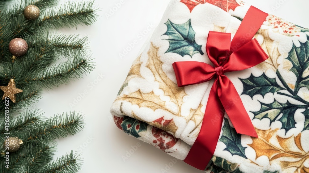 Travel blankets isolated on white christmas background with bow ribbon present Travel blankets isolated on white christmas background with bow ribbon present