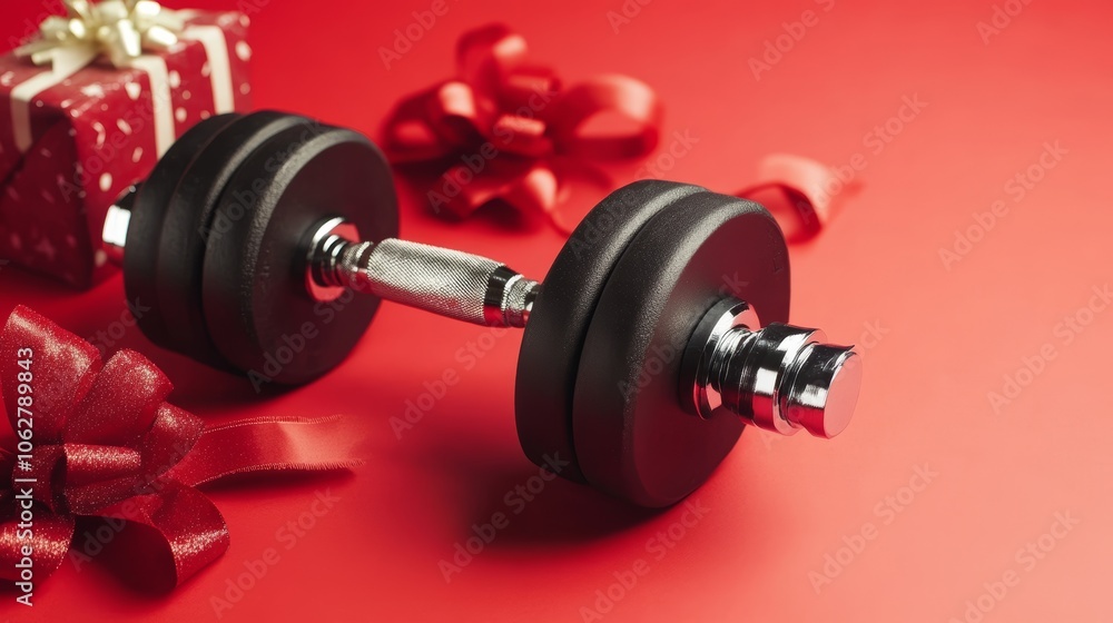 Adjustable dumbbells isolated on red christmas background with bow ribbon present Adjustable dumbbells isolated on red christmas background with bow ribbon present