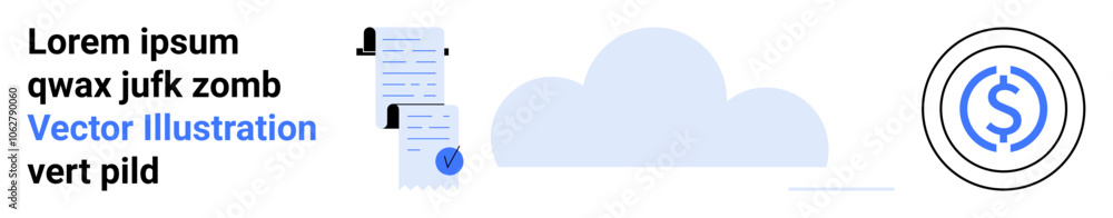Cloud icon with two stacked documents and verify icon on left side, dollar coin symbol on right. Ideal for finance, cloud storage, file management, data security, tech services, documentation Cloud icon with two stacked documents and verify icon on left side, dollar coin symbol on right. Ideal for finance, cloud storage, file management, data security, tech services, documentation