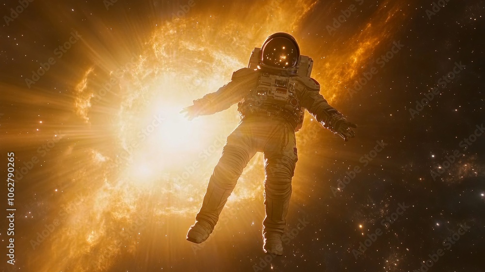 Fototapeta premium Astronaut Floating in Space with Sunburst Nebula