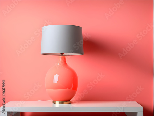 Stylish lamp on table against color wall, space for text. Design with living coral color photo