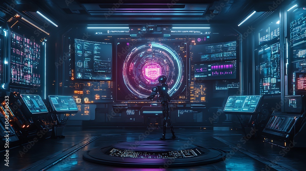 AI robot with arms raised, interacting with holographic data interfaces around it, surrounded by dark futuristic lab setting, neon blue and purple lights casting soft shadows, AI robot with arms raised, interacting with holographic data interfaces around it, surrounded by dark futuristic lab setting, neon blue and purple lights casting soft shadows,