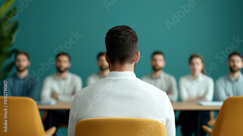 A motivational speaker inspiring a team of employees in a cozy, A focused individual participating in a group discussion, highlighting collaboration and communication in a professional setting. photo