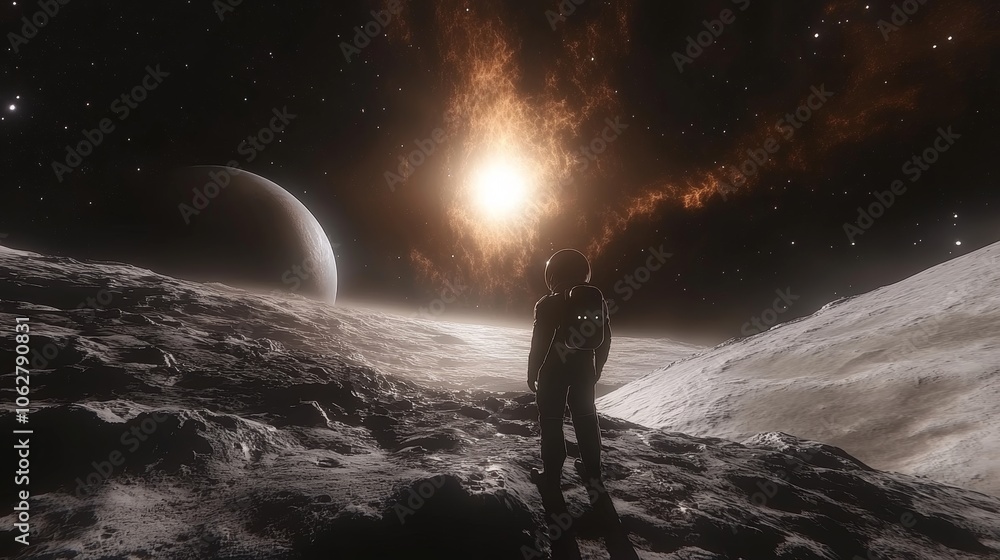 Fototapeta premium Astronaut on Alien Planet with Rising Sun and Distant Moon