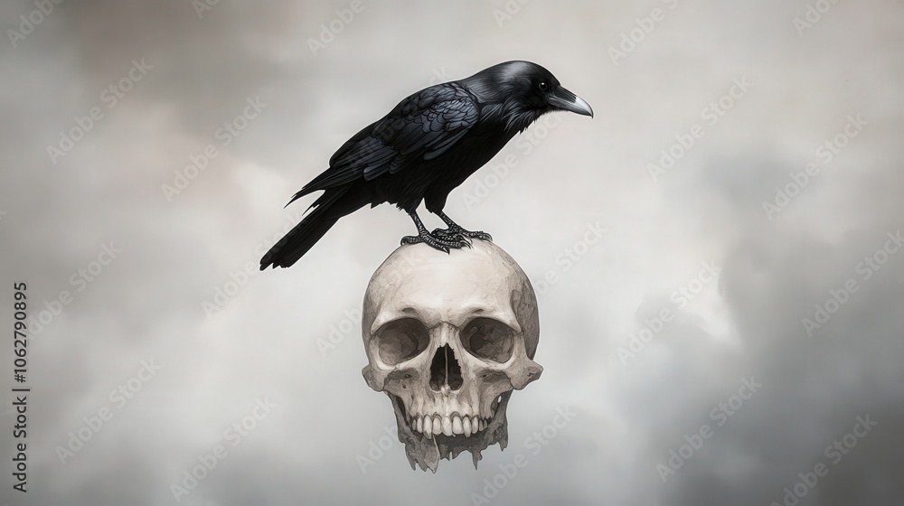 Fototapeta premium Raven perched on a human skull. Dark fantasy concept