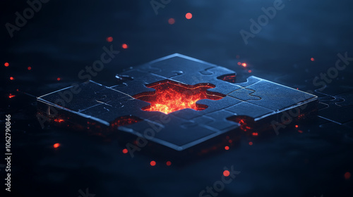 glowing puzzle piece surrounded by scattered pieces, symbolizing emotional connection and complexity. vibrant colors evoke sense of intrigue and depth