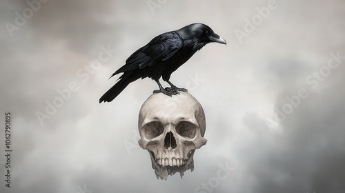 Raven perched on a human skull. Dark fantasy concept