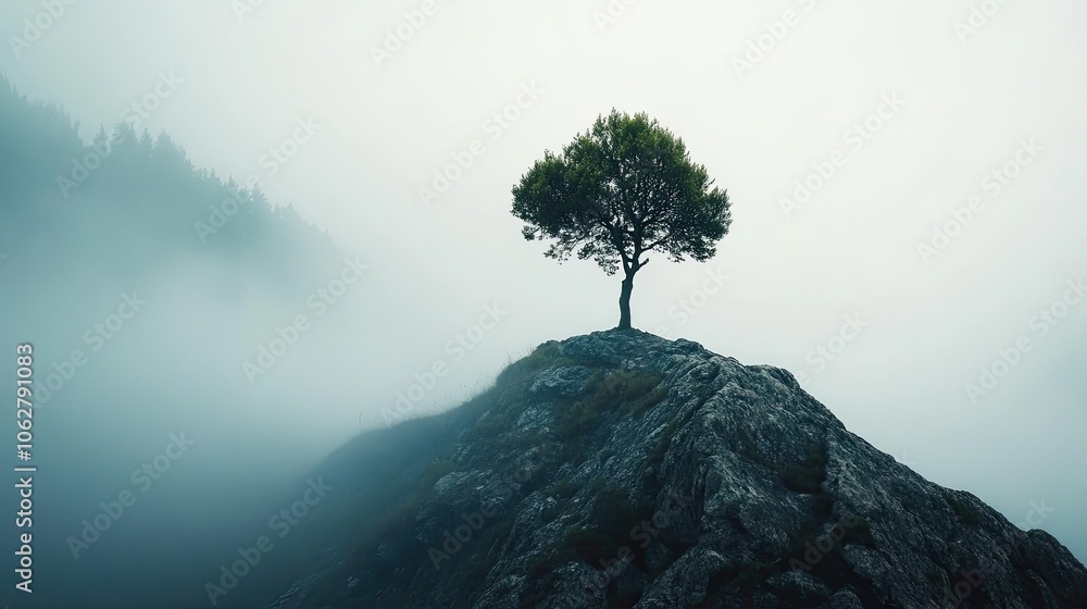Solitary tree standing on misty mountain peak with serene landscape in background, solitude, tree, mist, mountain, peak. Solitary tree standing on misty mountain peak with serene landscape in background, solitude, tree, mist, mountain, peak.