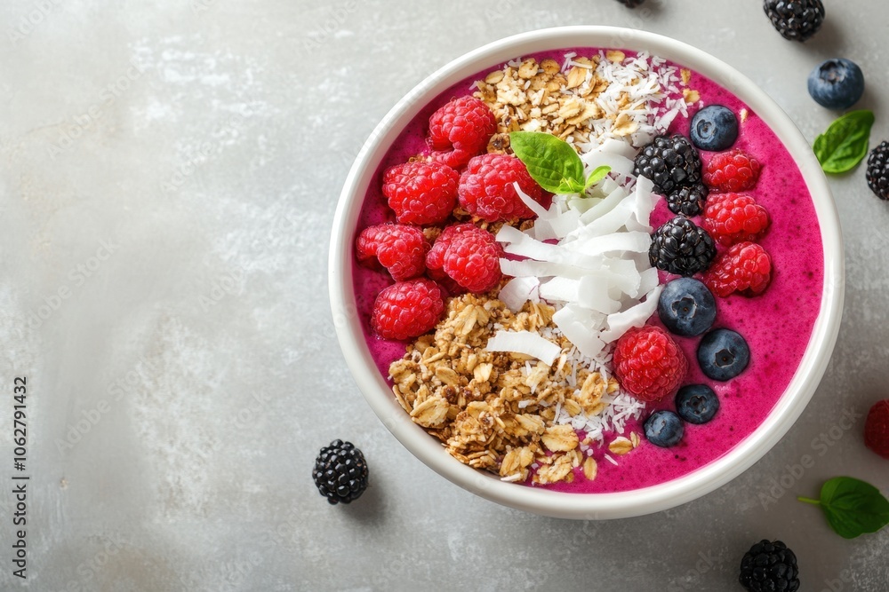 A vibrant smoothie bowl topped with coconut shavings, berries, and granola, with blank space for text. Ideal for commercial use in promoting healthy breakfast options. A vibrant smoothie bowl topped with coconut shavings, berries, and granola, with blank space for text. Ideal for commercial use in promoting healthy breakfast options.