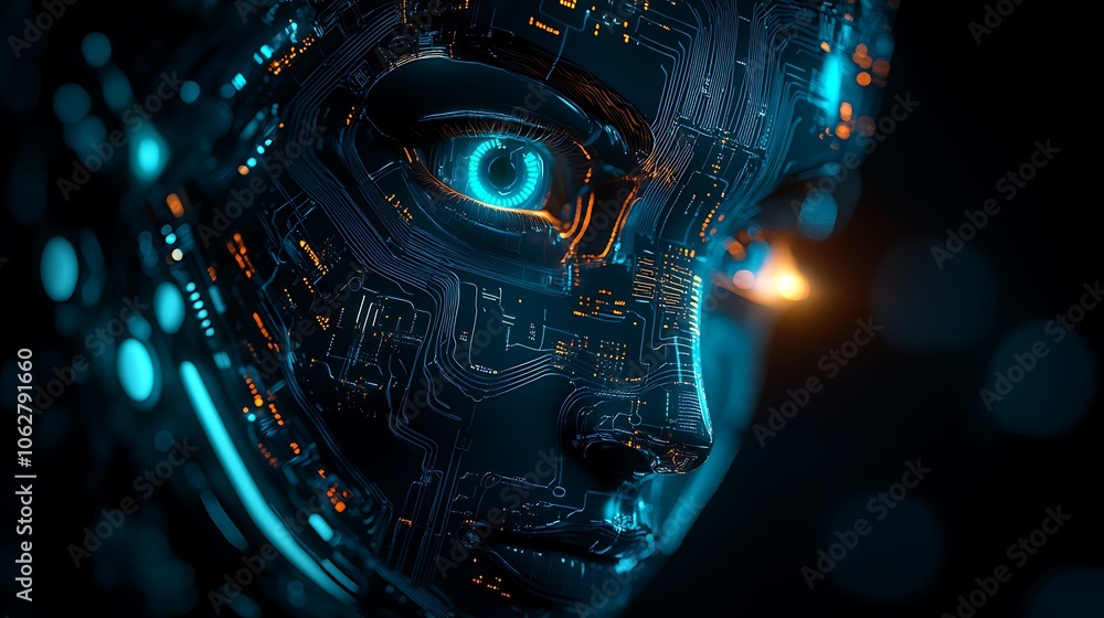 AI robot’s face filling the view, eyes softly glowing with neon light, precise circuitry patterns covering the metal surface, dark background with ambient reflections, ultra-realistic detail, AI robot’s face filling the view, eyes softly glowing with neon light, precise circuitry patterns covering the metal surface, dark background with ambient reflections, ultra-realistic detail,