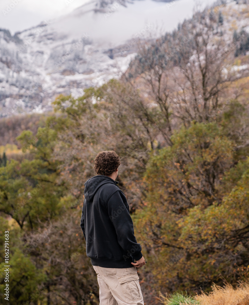 Naklejka premium Person standing outdoors facing snow-capped mountain