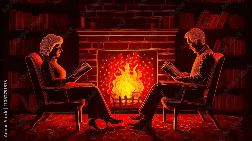 Obraz premium A cozy paper cut-out home scene with a retired couple reading books by the fireplace.