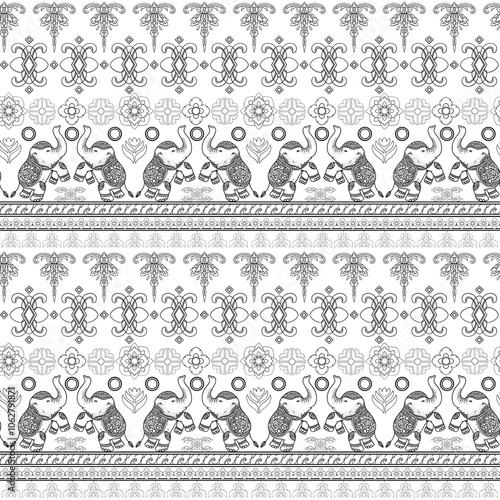 Seamless pattern in line art style blends Thai elephants with elaborate floral motifs. photo