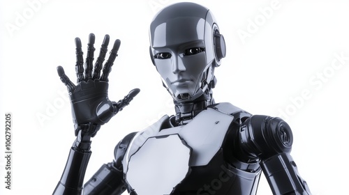 Futuristic robot holding its hand up in a stop gesture serious expression isolated on a white background