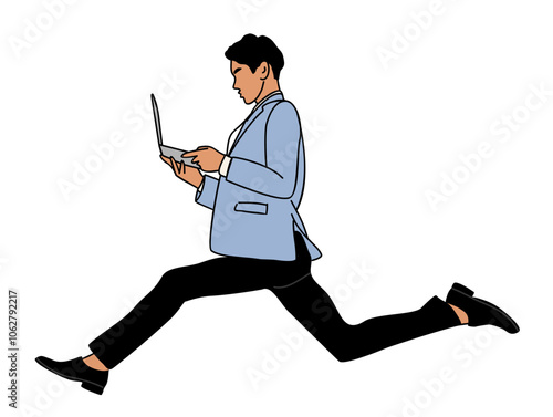 Businessman running with laptop. Young Man in suit jumping holding computer side view. Outline hand drawn colored vector illustration isolated on transparent background