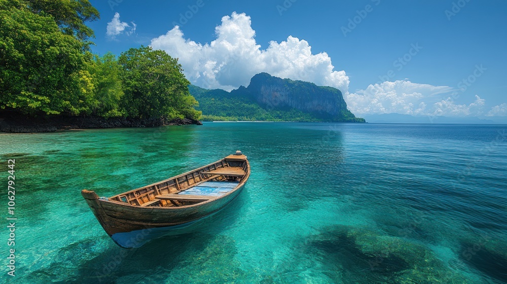Serene tropical landscape with a boat on clear blue water. Serene tropical landscape with a boat on clear blue water.