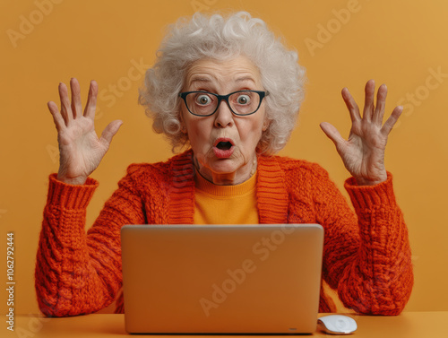 An elderly woman using a laptop computer AI generative. photo