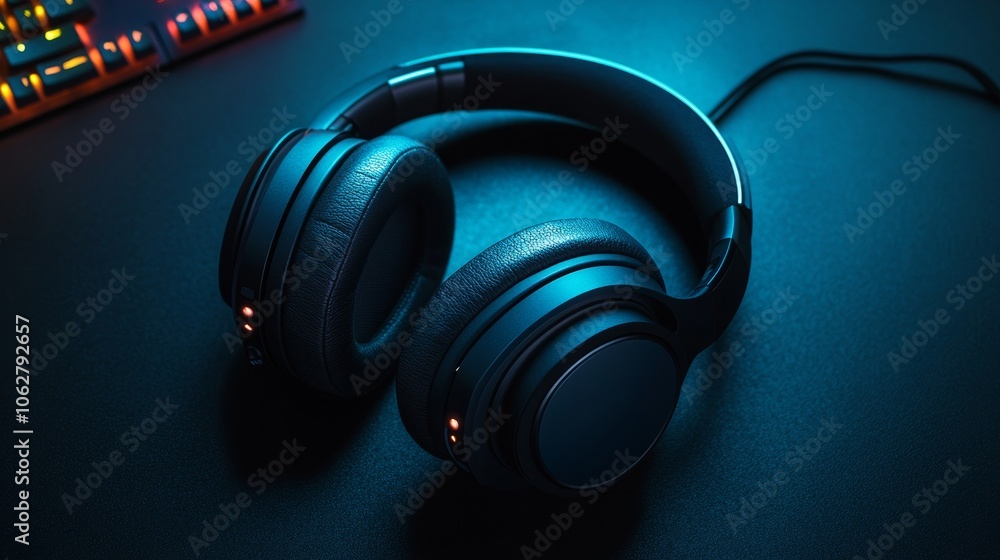 High-tech gaming headsets on a dark background with glowing accents to highlight premium audio and style High-tech gaming headsets on a dark background with glowing accents to highlight premium audio and style